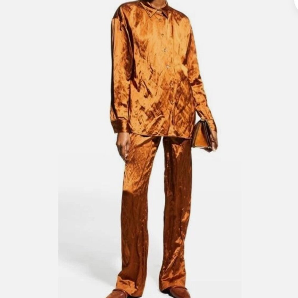 Lafayette 148 - Dalton Crushed Satin Wide Leg Pants and Naomi Blouse in Bourbon